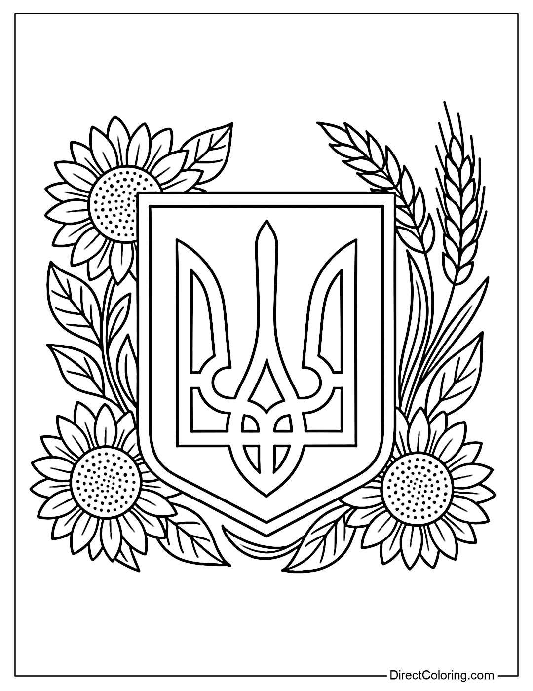 Coloring page of the Ukrainian national emblem between a sunflower wreath and a wheat stalk.